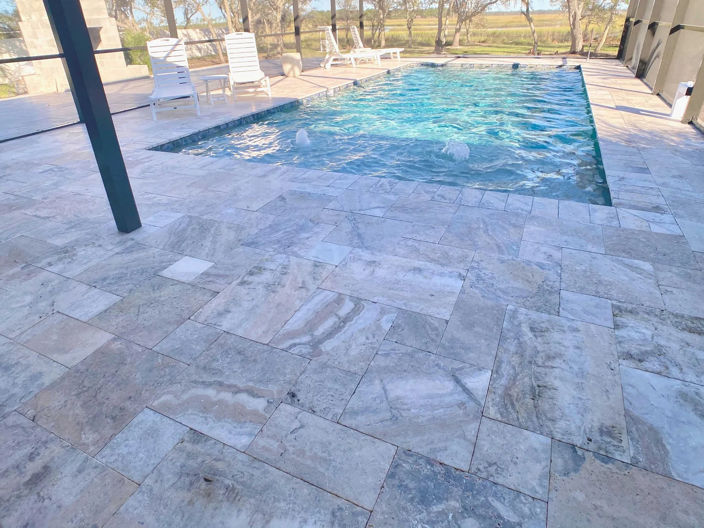 TRAVERTINE & MARBLE DECKS + PATIOS
